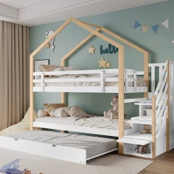 Lit superposé extensible avec échelle 3 tiroirs, sécurité, cadre bois, naturel,blanc>Fortuna lai Sale