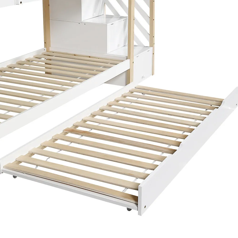 Lit superposé extensible avec échelle 3 tiroirs, sécurité, cadre bois, naturel,blanc>Fortuna lai Sale