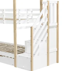Lit superposé extensible avec échelle 3 tiroirs, sécurité, cadre bois, naturel,blanc><noscript><img width=