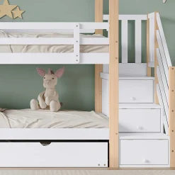 Lit superposé extensible avec échelle 3 tiroirs, sécurité, cadre bois, naturel,blanc><noscript><img width=