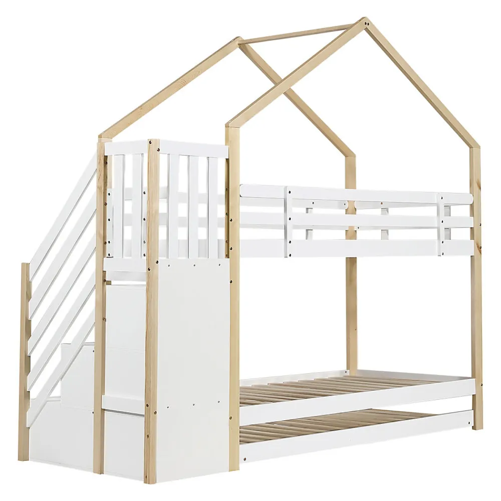 Lit superposé extensible avec échelle 3 tiroirs, sécurité, cadre bois, naturel,blanc>Fortuna lai Sale