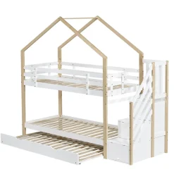 Lit superposé extensible avec échelle 3 tiroirs, sécurité, cadre bois, naturel,blanc><noscript><img width=