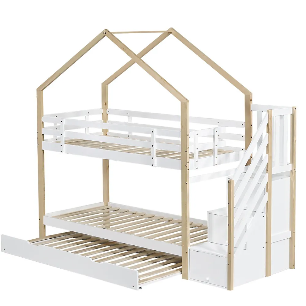 Lit superposé extensible avec échelle 3 tiroirs, sécurité, cadre bois, naturel,blanc>Fortuna lai Sale