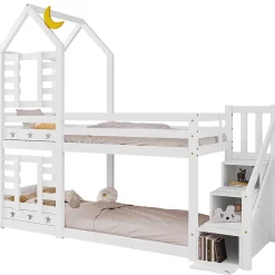 Lit superposé lit enfant bois blanc escalier avec rangement 90x200cm>Urban Meuble
