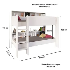 Lit superposé LUCKY 90x190 + 2 sommiers / Blanc><noscript><img width=