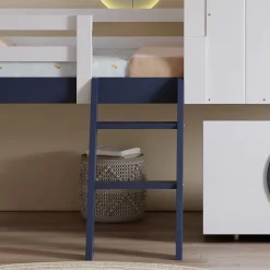 Redom Lit superposé mi-haut toit fenêtre tiroir roulettes échelle inclinée 2 marches pin MDF contreplaqué blanc bleu 90x200*Enfant Lit Enfant