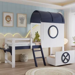 Redom Lit superposé mi-haut toit fenêtre tiroir roulettes échelle inclinée 2 marches pin MDF contreplaqué blanc bleu 90x200*Enfant Lit Enfant