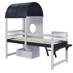 Redom Lit superposé mi-haut toit fenêtre tiroir roulettes échelle inclinée 2 marches pin MDF contreplaqué blanc bleu 90x200*Enfant Lit Enfant