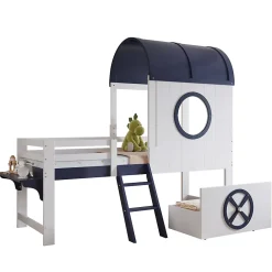 Redom Lit superposé mi-haut toit fenêtre tiroir roulettes échelle inclinée 2 marches pin MDF contreplaqué blanc bleu 90x200*Enfant Lit Enfant