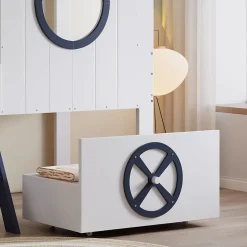 Redom Lit superposé mi-haut toit fenêtre tiroir roulettes échelle inclinée 2 marches pin MDF contreplaqué blanc bleu 90x200*Enfant Lit Enfant