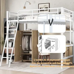 Simple Life Lit superposé métal, avec bureau, armoire, rangement, escalier incliné 4 marches, métal panneau blanc naturel, 90x200cm*Enfant Lit Enfant