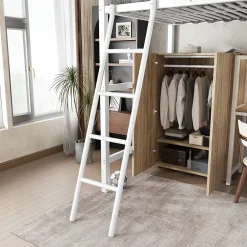 Simple Life Lit superposé métal, avec bureau, armoire, rangement, escalier incliné 4 marches, métal panneau blanc naturel, 90x200cm*Enfant Lit Enfant