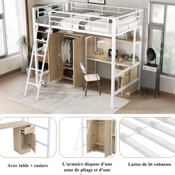 Simple Life Lit superposé métal, avec bureau, armoire, rangement, escalier incliné 4 marches, métal panneau blanc naturel, 90x200cm*Enfant Lit Enfant