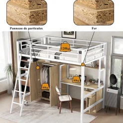 Simple Life Lit superposé métal, avec bureau, armoire, rangement, escalier incliné 4 marches, métal panneau blanc naturel, 90x200cm*Enfant Lit Enfant
