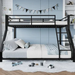 Lit Superposé Métal 90x200 et 140x200 cm, Lit Double enfant/Ado avec Échelle et Barrières de Sécurité - Sans Matelas - Noir><noscript><img width=