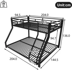 Lit Superposé Métal 90x200 et 140x200 cm, Lit Double enfant/Ado avec Échelle et Barrières de Sécurité - Sans Matelas - Noir><noscript><img width=