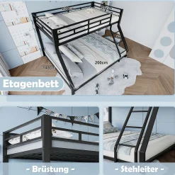 Lit Superposé Métal 90x200 et 140x200 cm, Lit Double enfant/Ado avec Échelle et Barrières de Sécurité - Sans Matelas - Noir><noscript><img width=