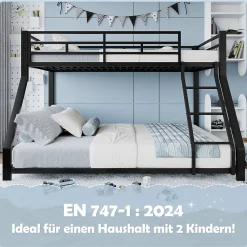Lit Superposé Métal 90x200 et 140x200 cm, Lit Double enfant/Ado avec Échelle et Barrières de Sécurité - Sans Matelas - Noir><noscript><img width=