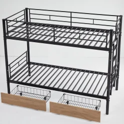 Simple Life Lit superposé métal 90x200cm pour 2 enfants avec 2 tiroirs, garde-corps, convertible, noir*Enfant Lit Enfant