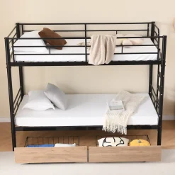 Simple Life Lit superposé métal 90x200cm pour 2 enfants avec 2 tiroirs, garde-corps, convertible, noir*Enfant Lit Enfant