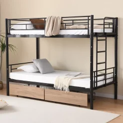Simple Life Lit superposé métal 90x200cm pour 2 enfants avec 2 tiroirs, garde-corps, convertible, noir*Enfant Lit Enfant