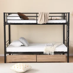Simple Life Lit superposé métal 90x200cm pour 2 enfants avec 2 tiroirs, garde-corps, convertible, noir*Enfant Lit Enfant