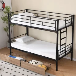 Simple Life Lit superposé métal 90x200cm pour 2 enfants avec 2 tiroirs, garde-corps, convertible, noir*Enfant Lit Enfant