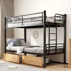 Simple Life Lit superposé métal 90x200cm pour 2 enfants avec 2 tiroirs, garde-corps, convertible, noir*Enfant Lit Enfant