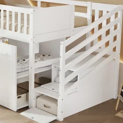 Simple Life Lit superposé multifonction, avec protection, bureau, armoire, casiers, 2 casiers dans escalier, pin MDF, blanc, 90x200cm*Enfant Lit Enfant