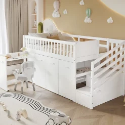 Simple Life Lit superposé multifonction, avec protection, bureau, armoire, casiers, 2 casiers dans escalier, pin MDF, blanc, 90x200cm*Enfant Lit Enfant