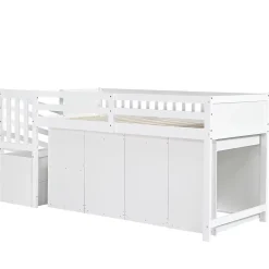 Simple Life Lit superposé multifonction, avec protection, bureau, armoire, casiers, 2 casiers dans escalier, pin MDF, blanc, 90x200cm*Enfant Lit Enfant