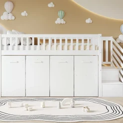 Redom Lit superposé multifonction avec bureau armoire 2 casiers échelle garde-corps pin MDF blanc 90x200* Lit Coffre