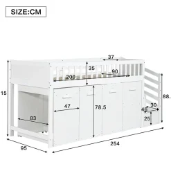 Redom Lit superposé multifonction avec bureau armoire 2 casiers échelle garde-corps pin MDF blanc 90x200* Lit Coffre