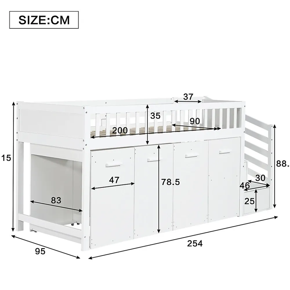 Redom Lit superposé multifonction avec bureau armoire 2 casiers échelle garde-corps pin MDF blanc 90x200* Lit Coffre