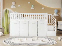 Redom Lit superposé multifonction avec bureau armoire 2 casiers échelle garde-corps pin MDF blanc 90x200* Lit Coffre