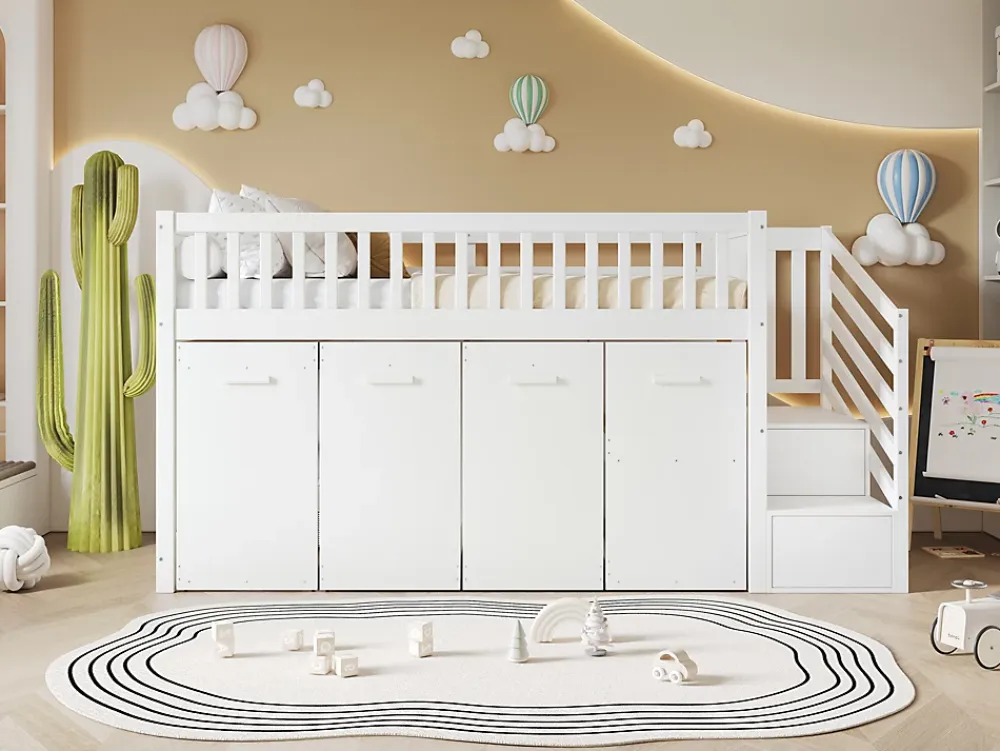Redom Lit superposé multifonction avec bureau armoire 2 casiers échelle garde-corps pin MDF blanc 90x200* Lit Coffre