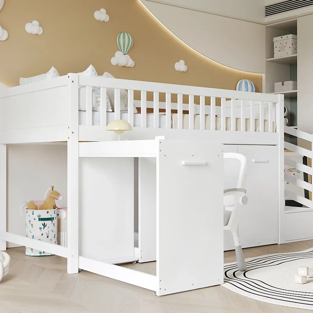 Redom Lit superposé multifonction avec bureau armoire 2 casiers échelle garde-corps pin MDF blanc 90x200* Lit Coffre
