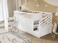 Redom Lit superposé multifonction avec bureau armoire 2 casiers échelle garde-corps pin MDF blanc 90x200* Lit Coffre