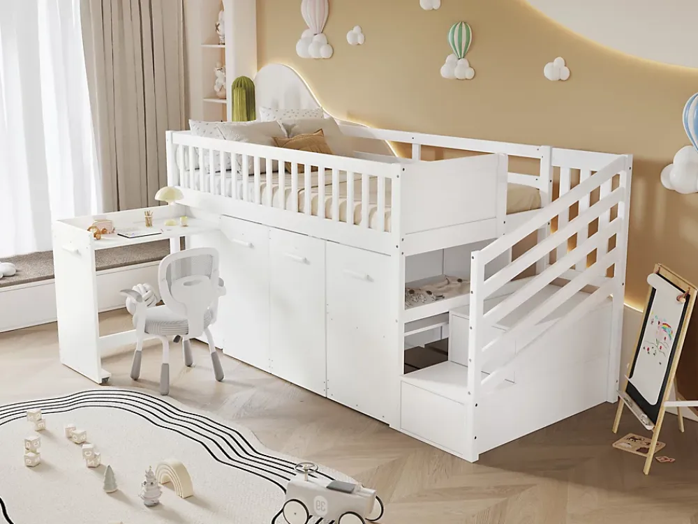Redom Lit superposé multifonction avec bureau armoire 2 casiers échelle garde-corps pin MDF blanc 90x200* Lit Coffre