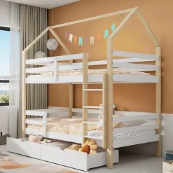 ModernLuxe Lit superposé pour enfant 90x200cm - Lit cabane - avec 2 grands tiroirs - Bois massif - Blanc + Naturel (sans matelas)*Enfant Lit Enfant