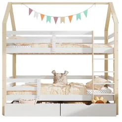 ModernLuxe Lit superposé pour enfant 90x200cm - Lit cabane - avec 2 grands tiroirs - Bois massif - Blanc + Naturel (sans matelas)*Enfant Lit Enfant