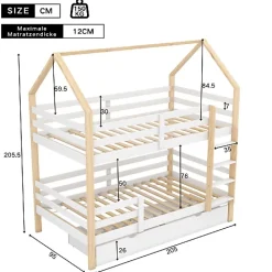 ModernLuxe Lit superposé pour enfant 90x200cm - Lit cabane - avec 2 grands tiroirs - Bois massif - Blanc + Naturel (sans matelas)*Enfant Lit Enfant