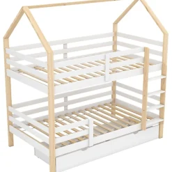 ModernLuxe Lit superposé pour enfant 90x200cm - Lit cabane - avec 2 grands tiroirs - Bois massif - Blanc + Naturel (sans matelas)*Enfant Lit Enfant