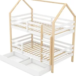 ModernLuxe Lit superposé pour enfant 90x200cm - Lit cabane - avec 2 grands tiroirs - Bois massif - Blanc + Naturel (sans matelas)*Enfant Lit Enfant