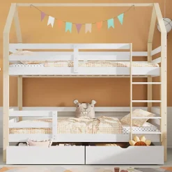 ModernLuxe Lit superposé pour enfant 90x200cm - Lit cabane - avec 2 grands tiroirs - Bois massif - Blanc + Naturel (sans matelas)*Enfant Lit Enfant