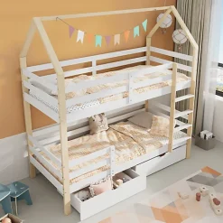 ModernLuxe Lit superposé pour enfant 90x200cm - Lit cabane - avec 2 grands tiroirs - Bois massif - Blanc + Naturel (sans matelas)*Enfant Lit Enfant
