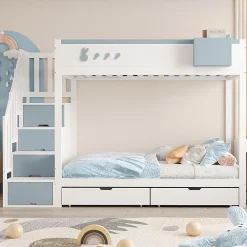 Blackcolors Lit superposé pour enfant 90x200,blanc et bleu, motifs lapins et carottes, rangement amovible, échelle sécurisée*Enfant Lit Enfant