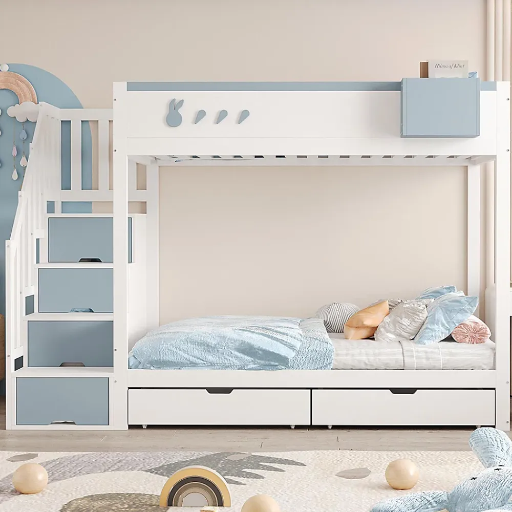 Blackcolors Lit superposé pour enfant 90x200,blanc et bleu, motifs lapins et carottes, rangement amovible, échelle sécurisée*Enfant Lit Enfant