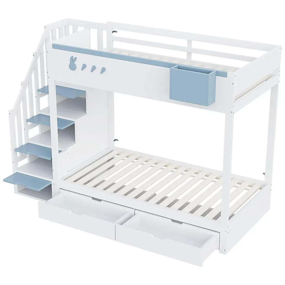 Blackcolors Lit superposé pour enfant 90x200,blanc et bleu, motifs lapins et carottes, rangement amovible, échelle sécurisée*Enfant Lit Enfant