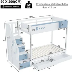 Blackcolors Lit superposé pour enfant 90x200,blanc et bleu, motifs lapins et carottes, rangement amovible, échelle sécurisée*Enfant Lit Enfant